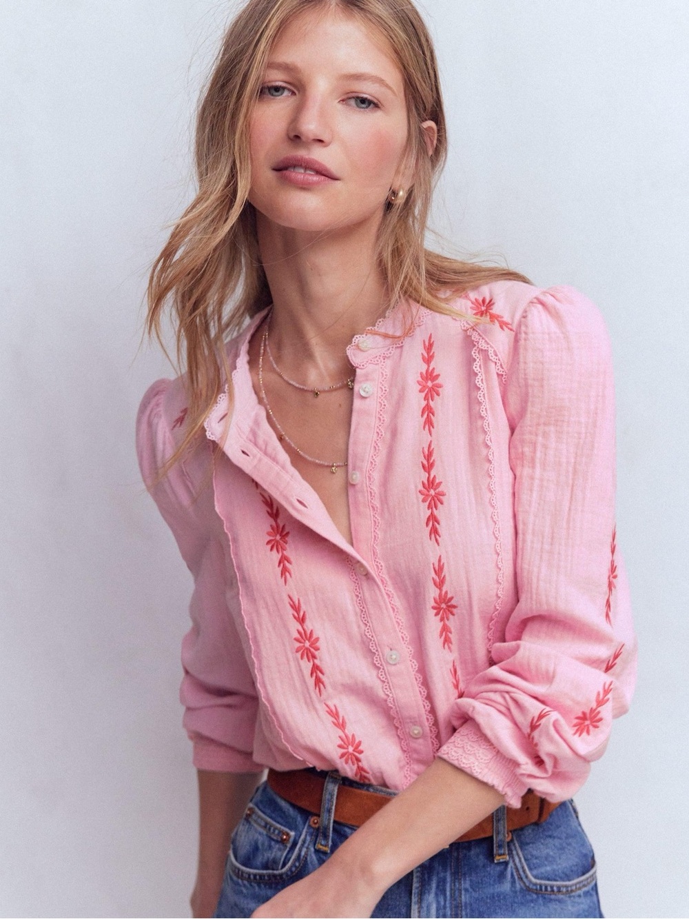 Boden Pink Blouse with Coral Embroidered Stripes